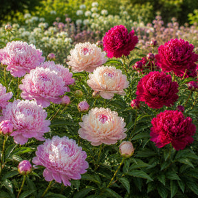 Trio roze en rode pioenen - Paeonia lactiflora Sarah Bernhardt, Sorbet, Karl Rosenfield - Willemse