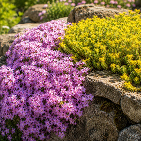 4 bodembedekkende vaste planten voor rotstuin - Sedum acre, Phlox subulata McDaniel's Cushion - Willemse